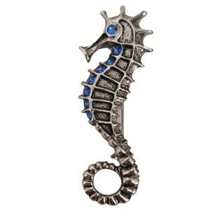 1928 Jewelry Silver Tone Blue Rhinestone Seahorse Brooch Pin, Signed